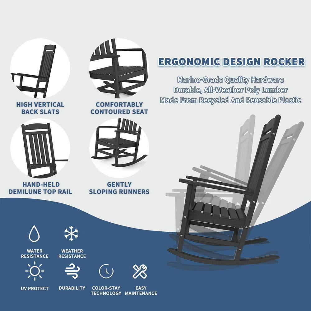 Black HDPE All Weather Outdoor Rocking Chair Set of 2