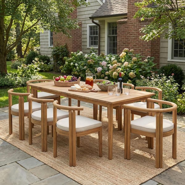 Gilroy 9-Piece Acacia Wood Patio Outdoor Dining Set with Beige Cushions, Teak Finish, 8 Seater