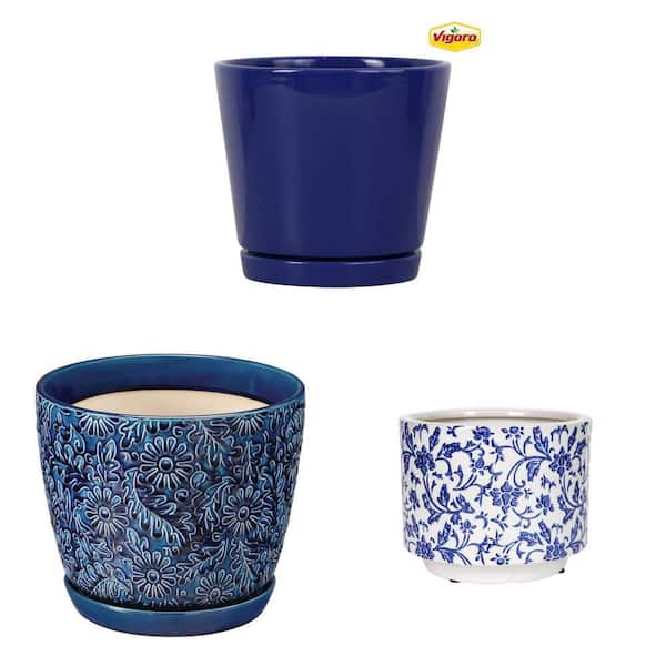 Piedmont & Ophelia Small Blue Planter Combo and Lillian Medium Blue Glazed Planter (6 in. / 10 in.) (3 Piece)