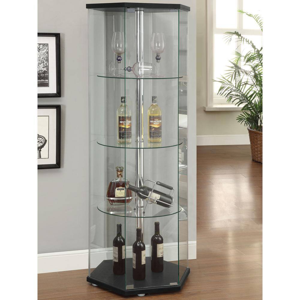Black Hexagonal Glass Curio Cabinet with Chrome Accents