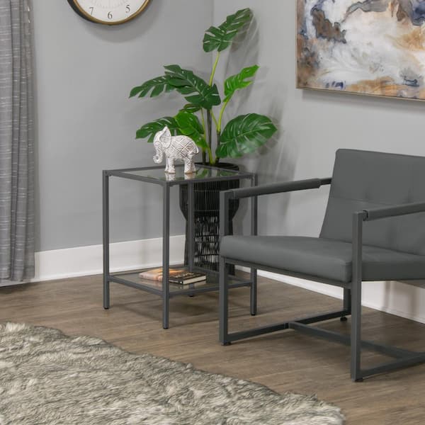 Camber Elite 18.5 in. W Pewter Square Glass Side Table with Metal Frame