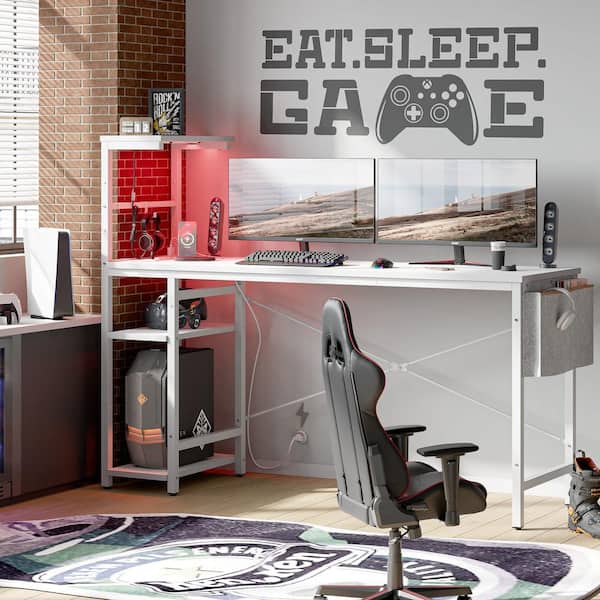 Bestier 61 in. White Carbon Fiber Wood LED Gaming Desk with 4-Tier Storage Shelves, Power Outlets and Storage Bag