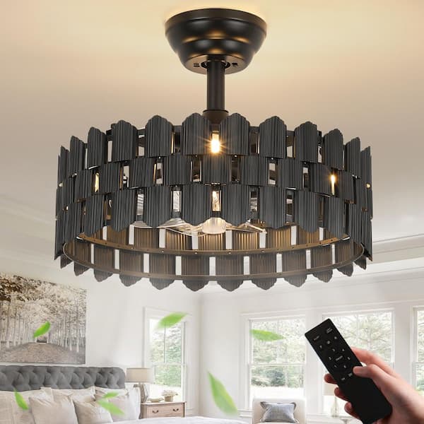 JUSHENG 17.71 in. Modern Black Ceiling Fan with Light Indoor Minimalist Fandelier Ceiling Fan with Remote Reversible Fan Blades