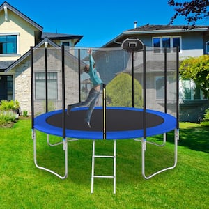 12 ft. Blue Round Trampoline with Safety Enclosure Net and Basketball Hoop