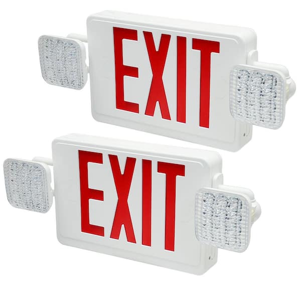 120-277-Volt White Integrated LED Exit Sign Emergency Light w/ 2 Square Adjustable Lamp 90 Min Backup UL Listed (2-Pack)
