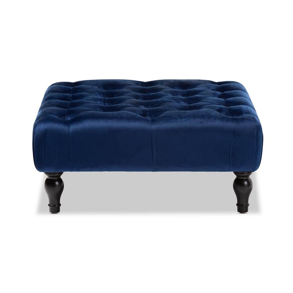 Keswick 36" Blue Velvet Tufted Ottoman with Eucalyptus Wood Base
