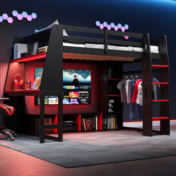 Gaming Style Black Full Size Wood Loft Bed with Built-in Tabletop, LED, Multiple Storage Shelves, a Hanging Clothes Rack