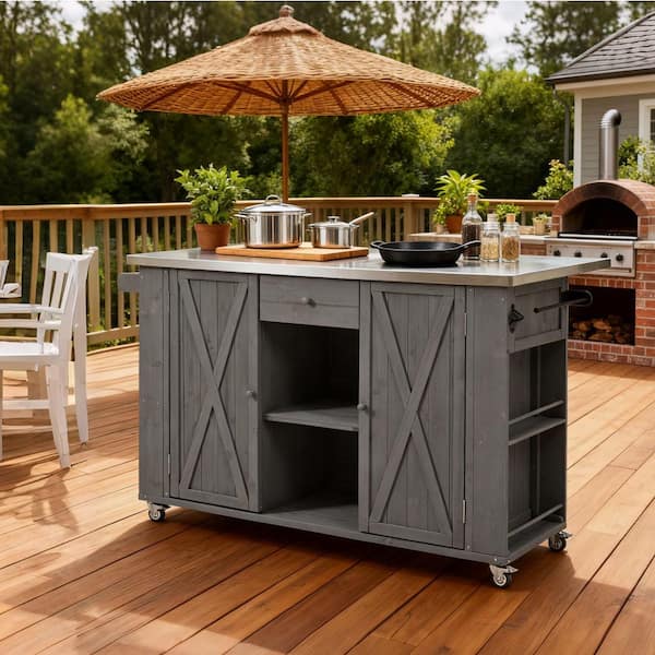Gray Wood Outdoor Bar Cart with Lockable Wheels, Kitchen Island