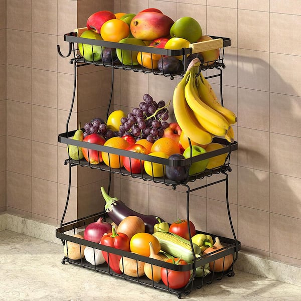 1-Piece Black 3-Tier Detachable Large Fruit Basket for Kitchen Counter with 2-Mobile Banana Hangers, Wooden Handle