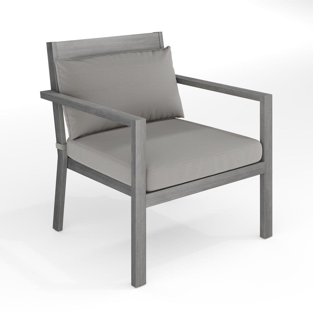 Martha Stewart Set of 2 Indoor-Outdoor Patio Accent Chairs with Gray Brushed Woodgrain Aluminum Finish and Gray All-Weather Seat and Lumbar Cushions, image size:1000x1000