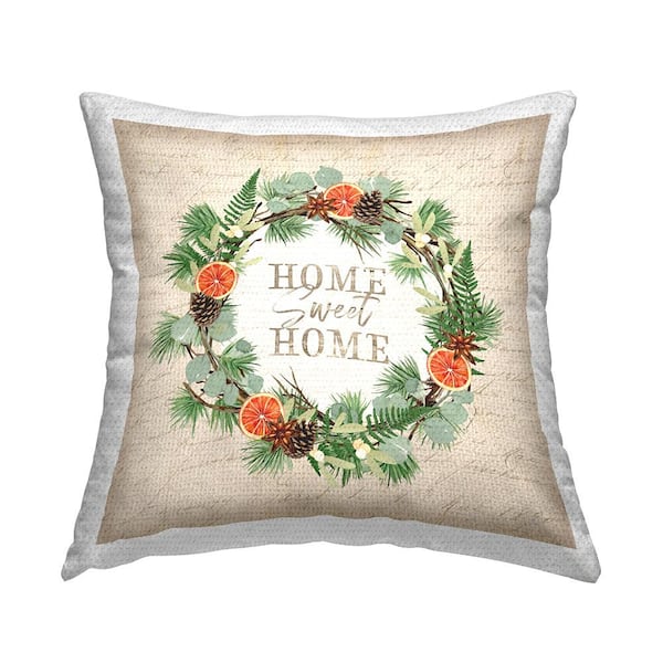 Stupell Industries Sweet Home Vintage Cursive Script Wreath Tan Square Outdoor Throw Pillow