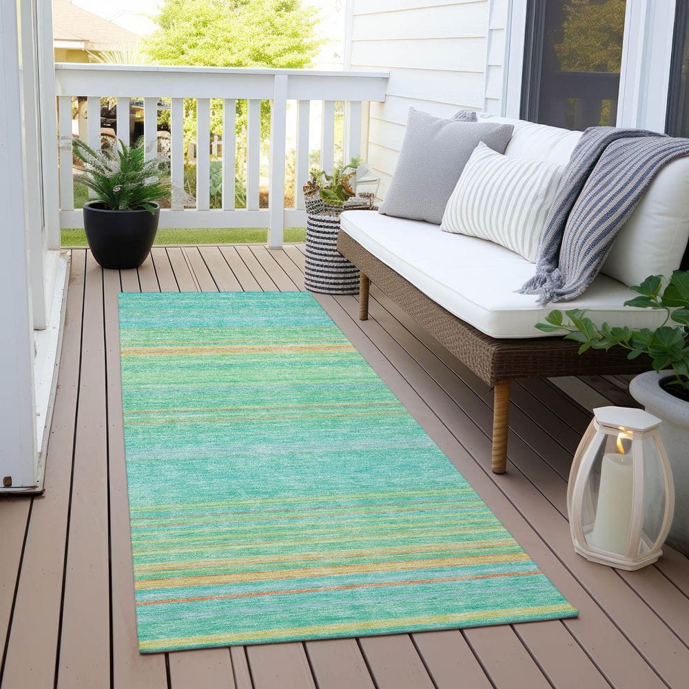 Aqua Synthetic Stripe Washable Indoor/Outdoor Runner Rug