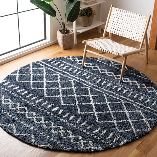 Arizona Shag Slate Blue/Ivory 7 ft. x 7 ft. Geometric Lodge Round Area Rug