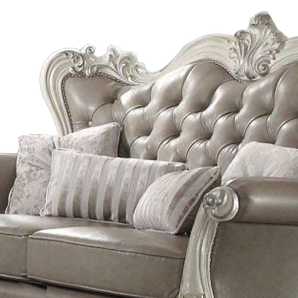 Vintage Gray Leather Tufted Loveseat with Bone White Wood