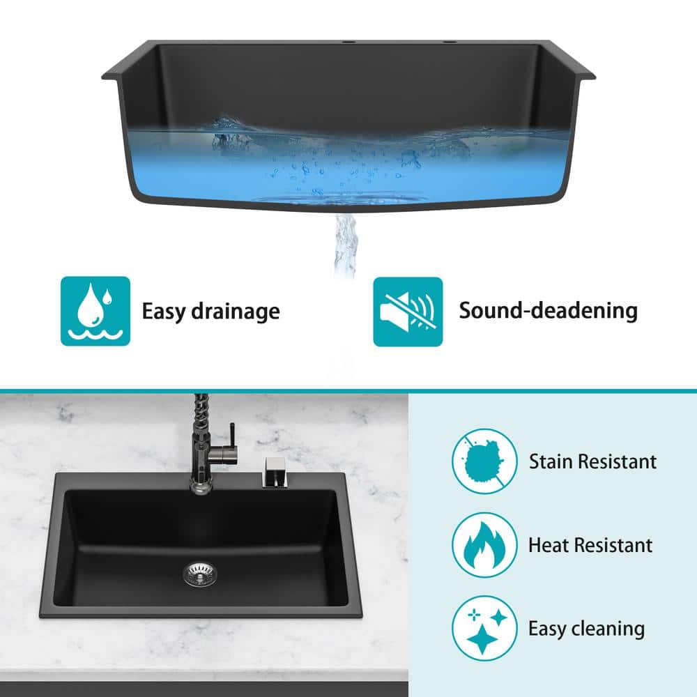 33" Black Quartz Single Bowl Drop-in Kitchen Sink with Accessories