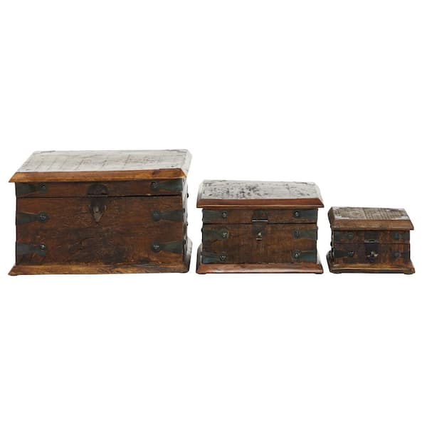 Litton Lane Brown Wood Rustic Trunk (Set of 3) 56670 - The Home Depot