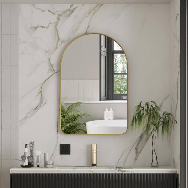 ANGELES HOME 24 in. W x 36 in. H Arched Framed Wall Bathroom Vanity Mirror with Aluminum Frame in Brushed Gold