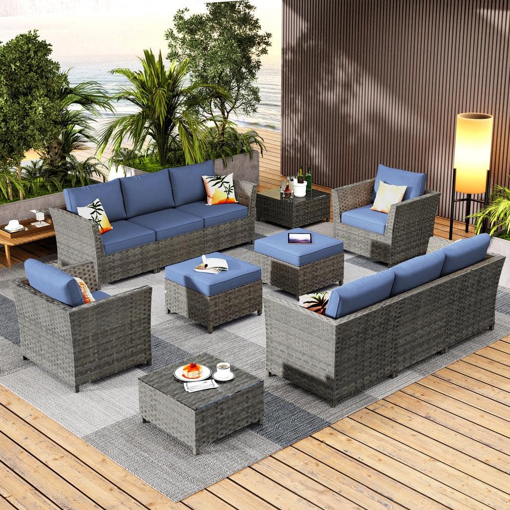Vesta Gray 12-Piece Wicker Outdoor Patio Conversation Sectional Sofa Set with Denim Blue Cushions price history on PriceWatchPro