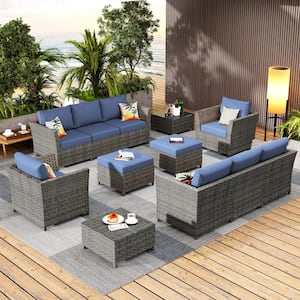 Vesta Gray 12-Piece Wicker Outdoor Patio Conversation Sectional Sofa Set with Denim Blue Cushions