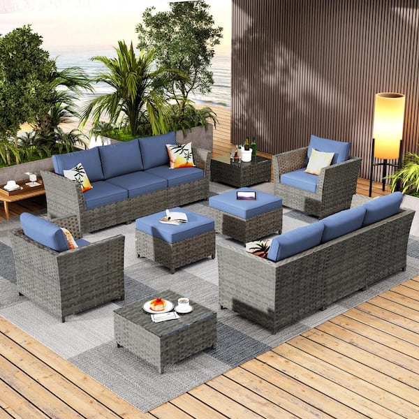 XIZZI Vesta Gray 12-Piece Wicker Outdoor Patio Conversation Sectional Sofa Set with Denim Blue Cushions