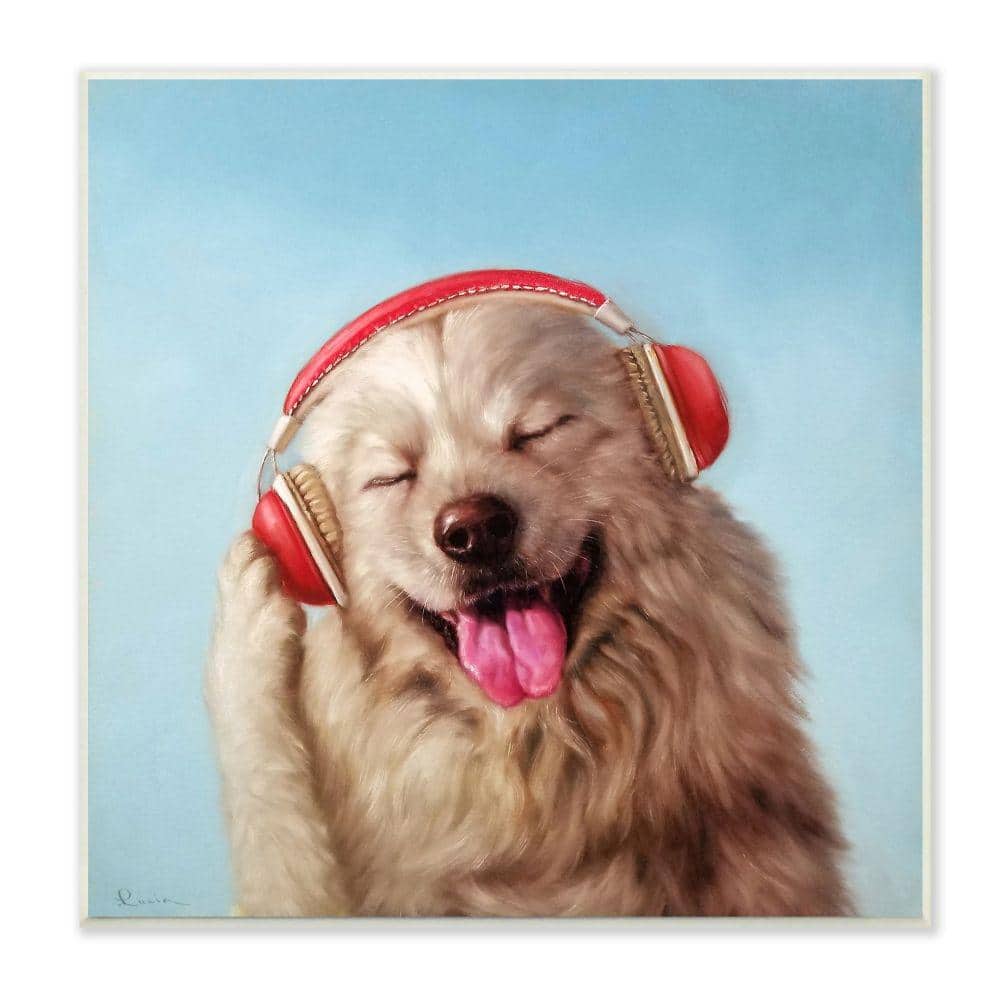 ペン画　30x40cm Stupell Industries Dog Listing to Music Red Headphones Funny Pet