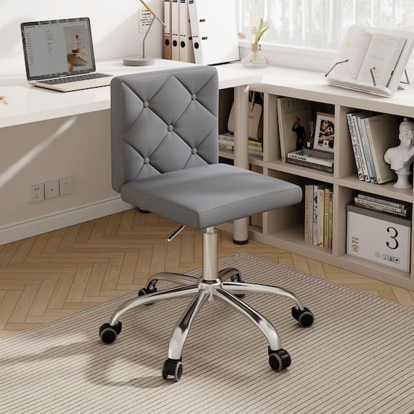 Ergonomic Office Chair with Tufted PU Leather Backrest, Adjustable Swivel Desk Chair, Gray Rolling Computer Chair