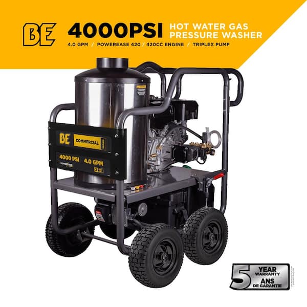 4000 PSI 4.0 GPM Hot Water Gas Pressure Washer Powerease 420 Engine and AR Triplex Pump Powered Coated Roll Cage