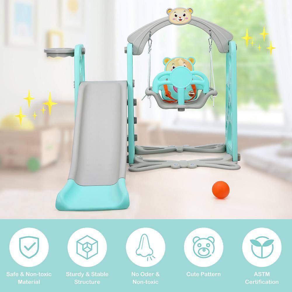 Green 4-in-1 Toddler Climber and Swing Set with Basketball Hoop