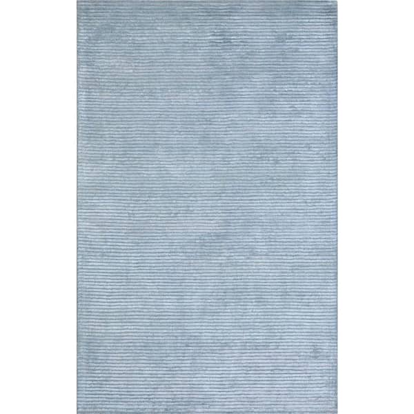 Pasargad Home Edgy Blue 9 ft. x 12 ft. Striped Bamboo Silk and Wool Area Rug