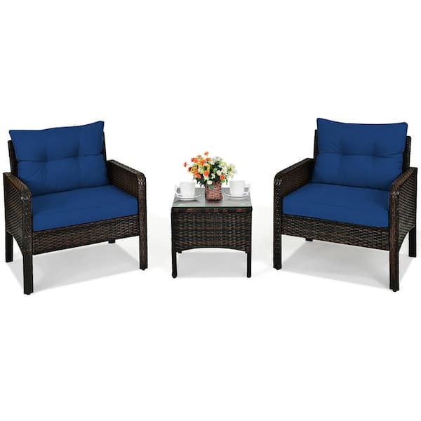3-Pieces Wicker Patio Conversation Set Patio Garden Cushioned Sofa Chair with Navy Cushions