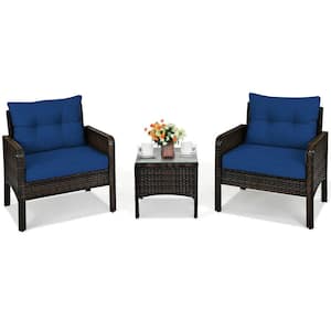 3-Pieces Wicker Patio Conversation Set Patio Garden Cushioned Sofa Chair with Navy Cushions