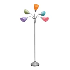 67 in. Silver and Fun Multi-Colored 5-Light Adjustable Gooseneck Floor Lamp with Plastic Shades