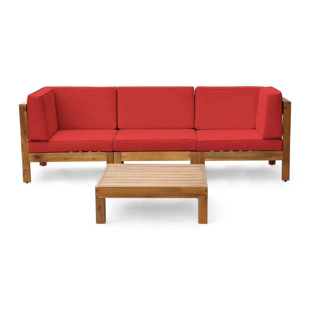 Brava Teak Brown 4-Piece Acacia Wood Patio Conversation Sectional Seating Set with Red Cushions -  Noble House, 54512