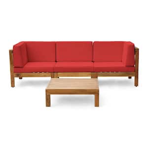 Brava Teak Brown 4-Piece Acacia Wood Patio Conversation Sectional Seating Set with Red Cushions
