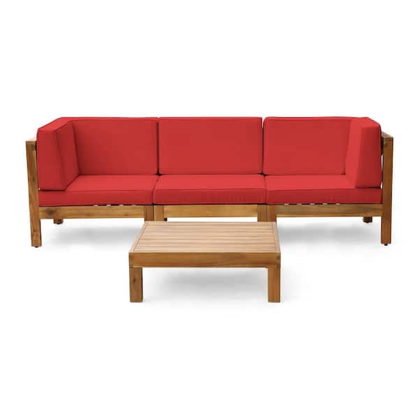 Noble House Brava Teak Brown 4-Piece Acacia Wood Patio Conversation Sectional Seating Set with Red Cushions