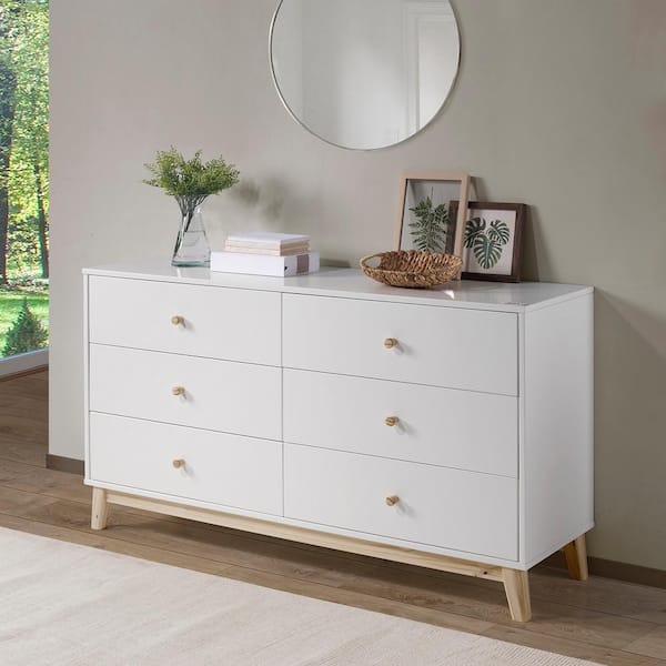 Alaterre Furniture MOD 60 in. W 6-Drawer White Double Dresser 34 in. H x 60 in. W x 17.5 in. D