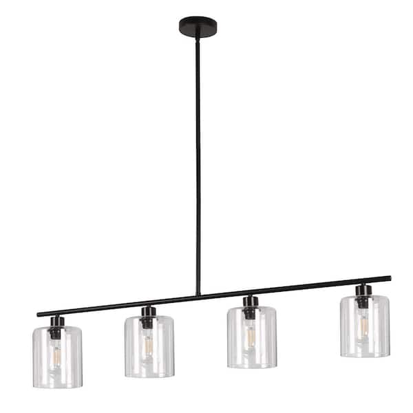 YANSUN 4-Light Matte Black Modern Clear Glass Island Pendant Light Fixtures, Linear Chandelier Hanging Light