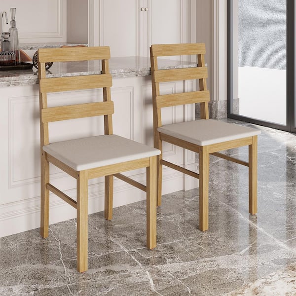 Scandinavian Style Beige Linen Upholstered Wooden Dining Leisure Chair With Three Horizontal Back Set Of 2