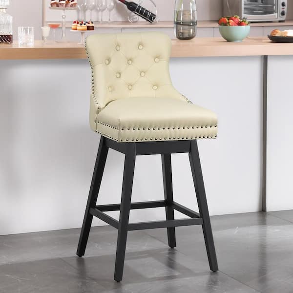 Hochwertiges 26 in. Cream Faux Leather Upholstered Solid Wood Frame Counter Height Swivel Counter Stool (Set of 1)
