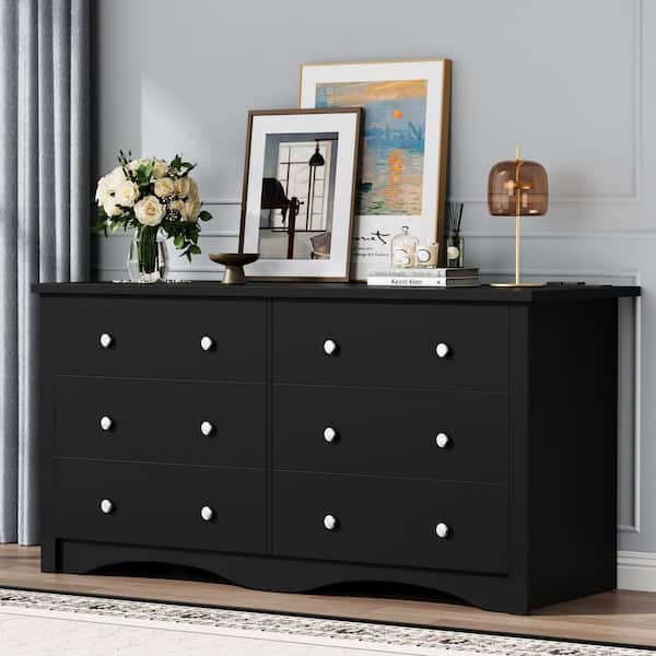 Creaser 58 in. Black Dresser with Power Outlet, 6-Drawers Dresser for Bedroom, Chest of Drawers, Wooden Dressers