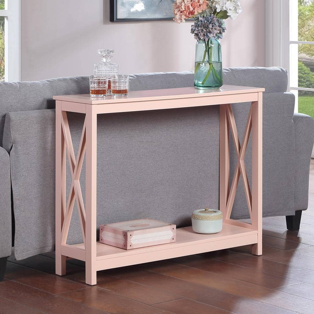 Blush Pink Oxford Console Table with Dual-Tiered Shelves