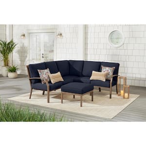 Geneva 6-Piece Brown Wicker Outdoor Sectional Sofa Seating Set with Ottoman and CushionGuard Midnight Navy Blue Cushions