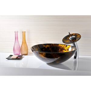 Timbre Series Round Deco-Glass Vessel Sink in Kindled Amber with Matching Chrome Waterfall Faucet