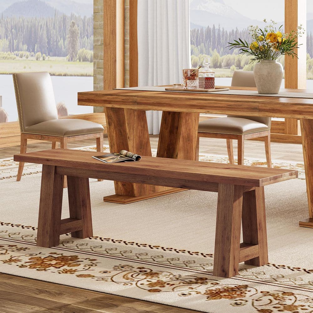 Hopeed 55 in. Solid Wood Brown Rectangal Foyer Entryway Kitchen Dining Bench Long Open Back Indoor Home Office Farmhouse
