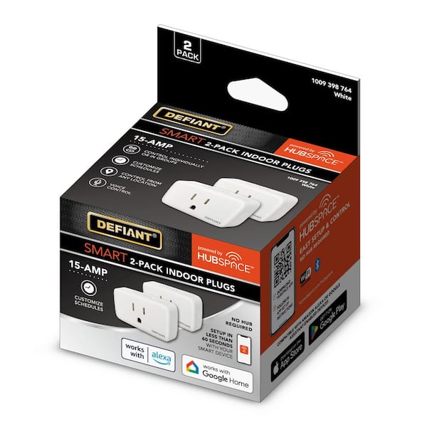 Defiant 15 Amp 120-Volt Indoor Smart Plug & Timer Wi-Fi Bluetooth Single  Outlet Powered by Hubspace (2-Pack) HPPA11AWB2 - The Home Depot