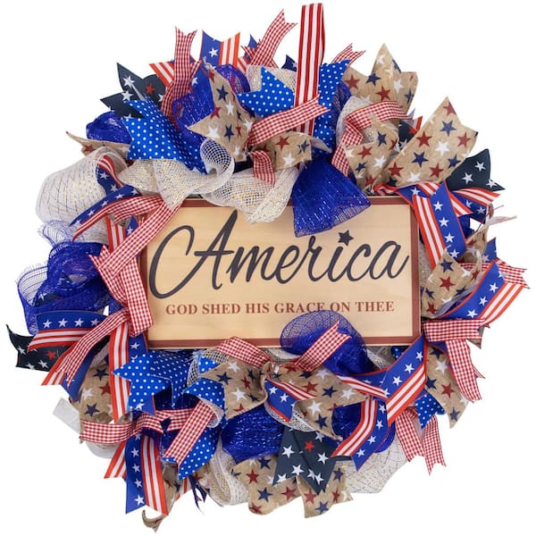 18 in. Stars and Stripes America God Shed His Grace on Thee Artificial Patriotic Bow Wreath