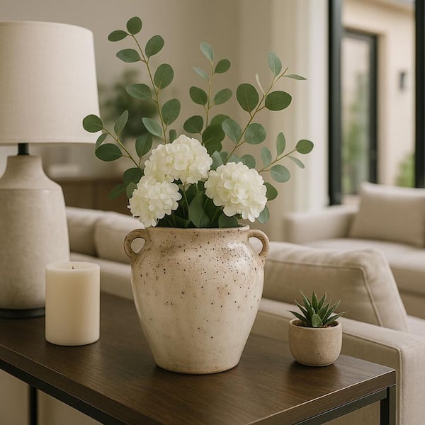 9.5 in. Ivory/Brown Ceramic Urn Textured 2-Handle Decorative Vase