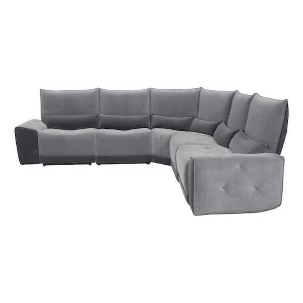 EVERGLADE HOME Essence 114 in. W Square Arm Velvet 5-Piece L-Shaped Power Reclining Sectional in 2-tone Gray