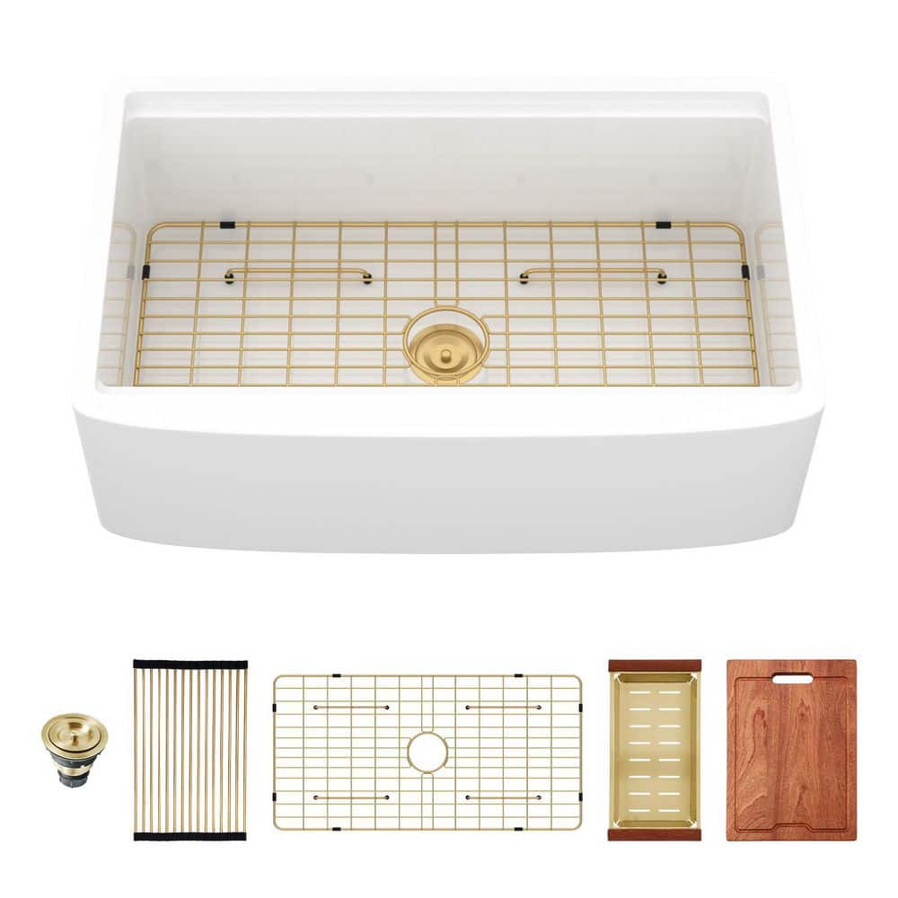 33 in. Farmhouse Single Bowl 16 Gauge White Ceramic Kitchen Sink with Gold Drain, Gold Cutting Board and Gold Colander price history on PriceWatchPro