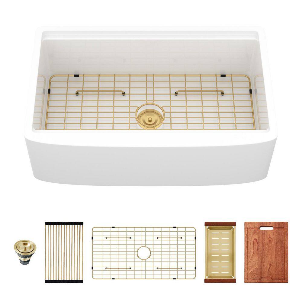 33 in. Farmhouse Single Bowl 16 Gauge White Ceramic Kitchen Sink with Gold Drain, Gold Cutting Board and Gold Colander price history on PriceWatchPro